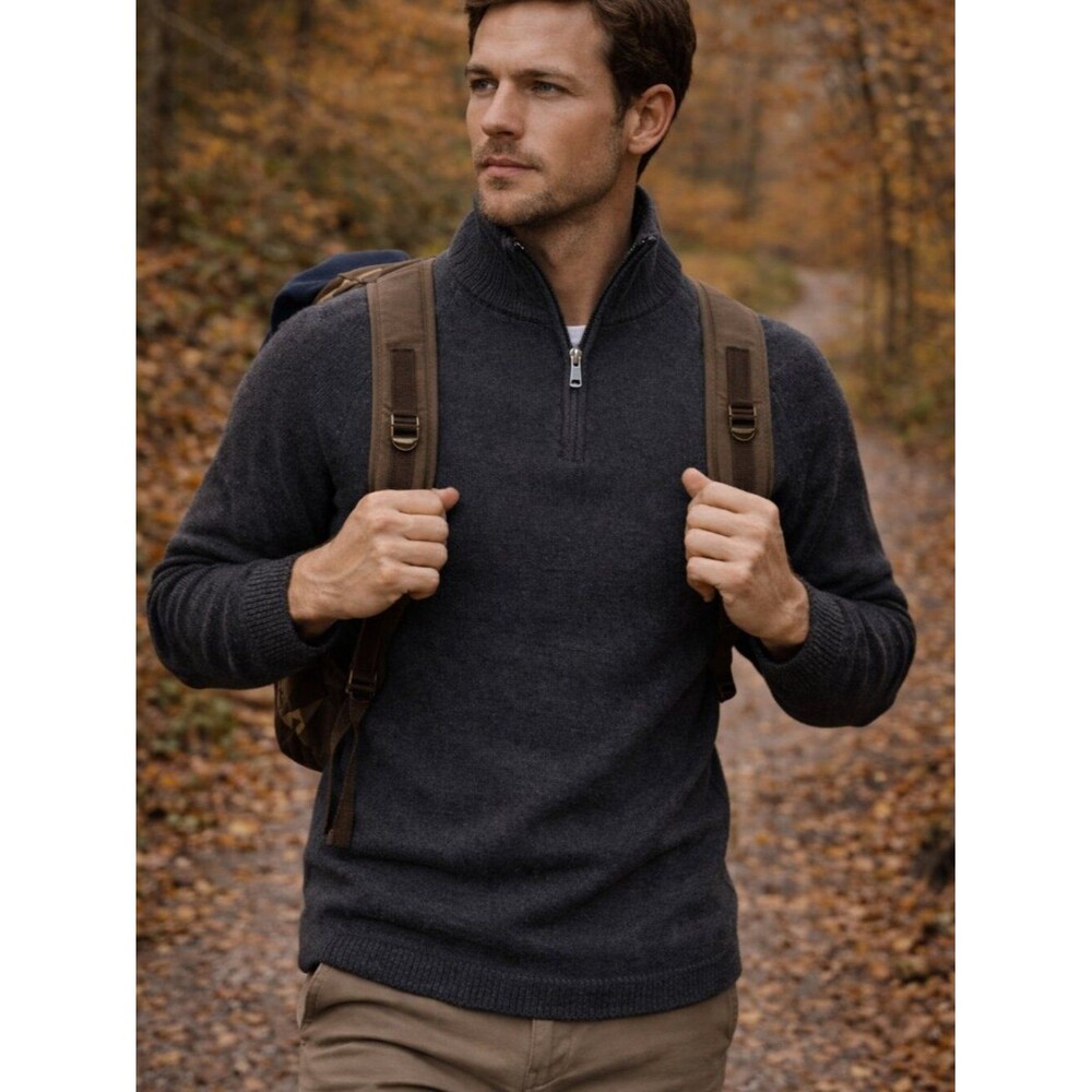 SKYR Merino Wool Quarter Zip Sweater Men’s L Gray Pullover Classic Minimalist